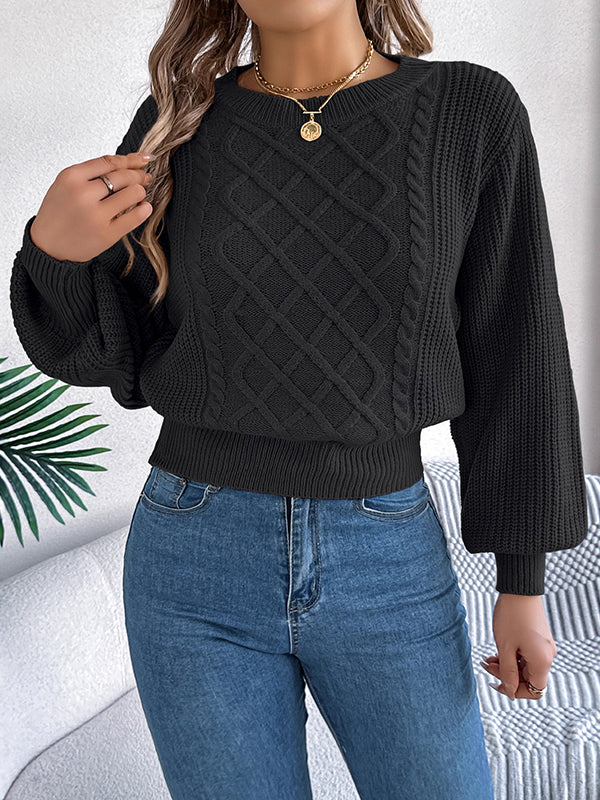 Cable Knit Solid Color Elasticated Waist Long Sleeves Round-Neck Sweater Tops Knit Top