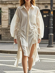 Long Sleeves Loose Buttoned Drawstring Pleated Pockets Solid Color Lapel Midi Dresses Shirt Dress