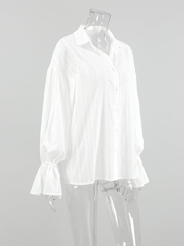 Drawstring See-Through Solid Color Split-Joint Loose Puff Sleeves Lapel Blouses&Shirts Tops