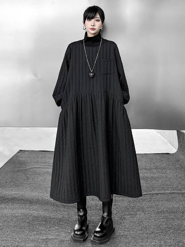 Embossed Pockets Quilted Solid Color Split-Joint A-Line Long Sleeves High Neck Sweater Dresses Midi Dresses