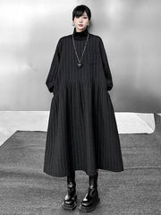 Embossed Pockets Quilted Solid Color Split-Joint A-Line Long Sleeves High Neck Sweater Dresses Midi Dresses