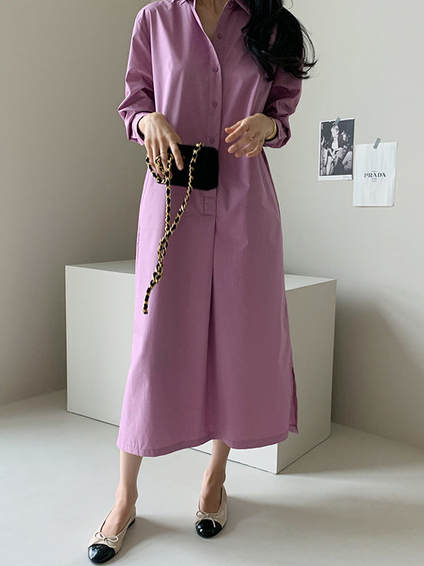 Casual 3 Colors Loose Split-Side Solid Color Midi Dress Shirt Dress