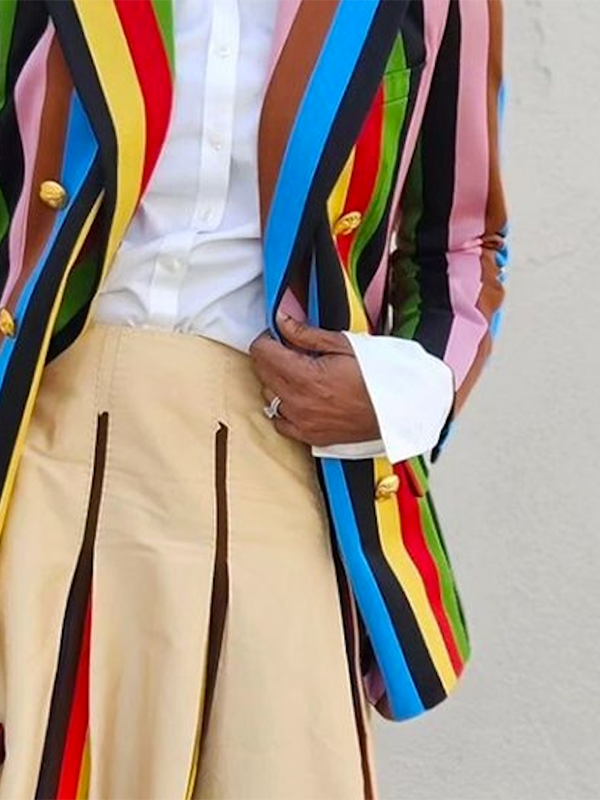 Buttoned Colorful Contrast Color Striped Long Sleeves Notched Collar Outerwear Blazer