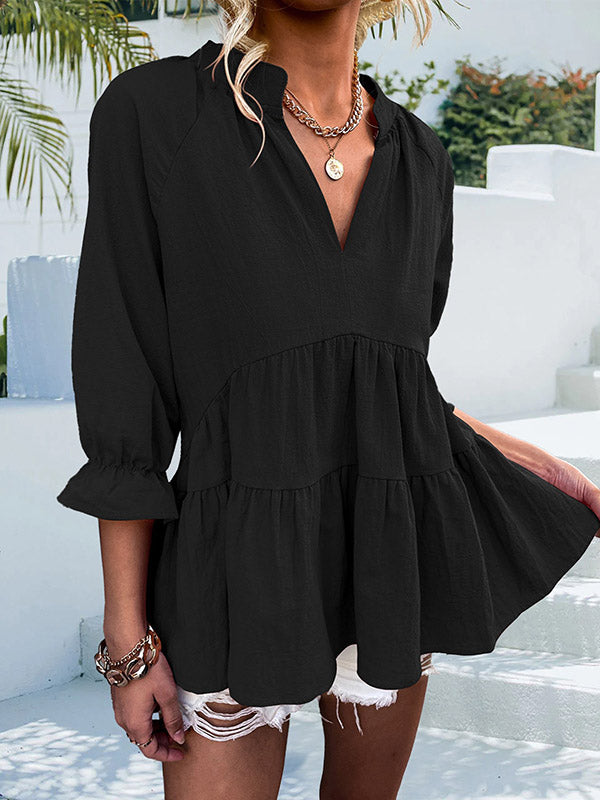 Elasticity Pleated Solid Color Split-Joint Loose Three-Quarter Sleeves V-Neck T-Shirts Tops