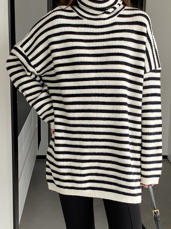 Striped Long Sleeves Loose High-Neck Sweater Pullovers Knitwear