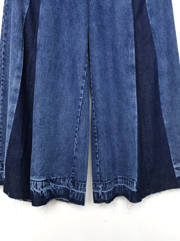 Elasticity Fringed Pleated Loose Wide Leg Jean Pants Bottoms