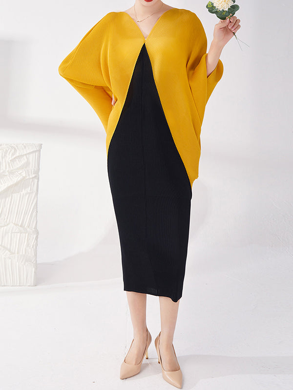 Contrast Color Pleated Batwing Sleeves Loose Round-neck Midi Dresses