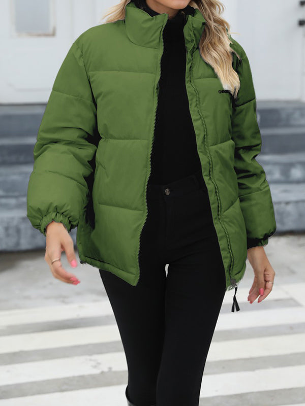 Keep Warm Quilted Solid Color Zipper Long Sleeves Loose High Neck Padded Coat