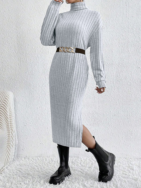 No Belt Solid Color Split-Side Long Sleeves Loose High Neck Midi Dresses