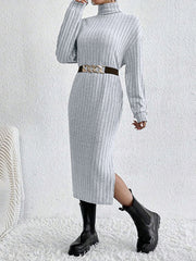 No Belt Solid Color Split-Side Long Sleeves Loose High Neck Midi Dresses