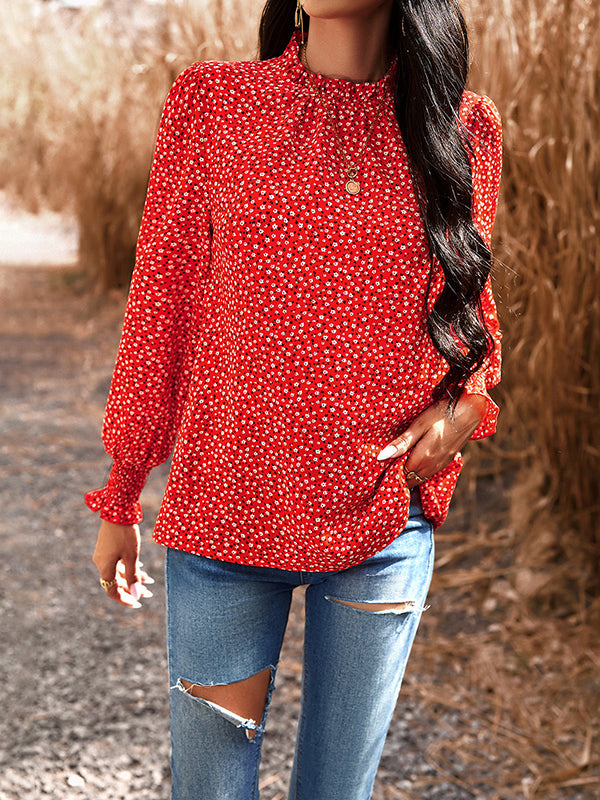 Elasticity Flower Print Ruffled Long Sleeves Loose Mock Neck Blouses&Shirts Tops