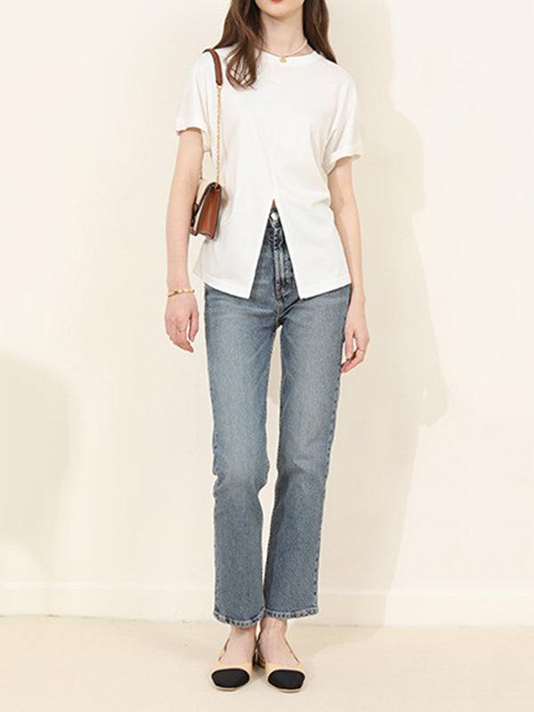 Pleated Solid Color Split-Front Split-Joint Batwing Sleeves Loose Round-Neck T-Shirts
