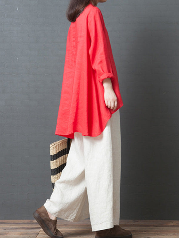 Linen Solid Color Round-Neck Puff Sleeve Blouse Tops