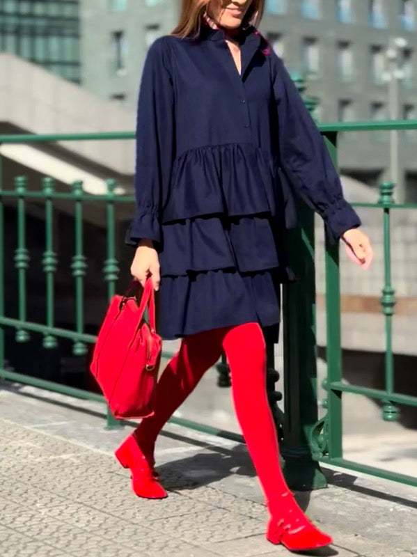 Buttoned Elasticity Layered Solid Color Flared Sleeves Long Sleeves V-Neck Mini Dresses