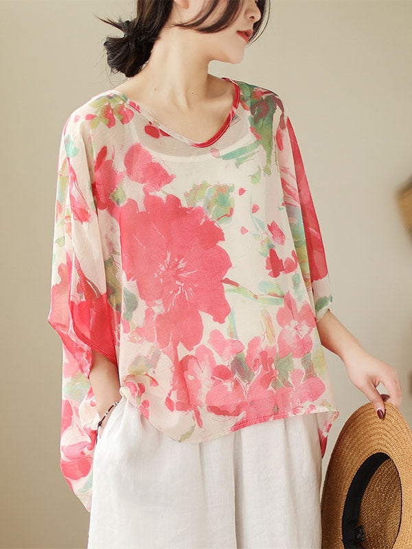 Floral Printed Loose Short Sleeves Round-neck T-shirts