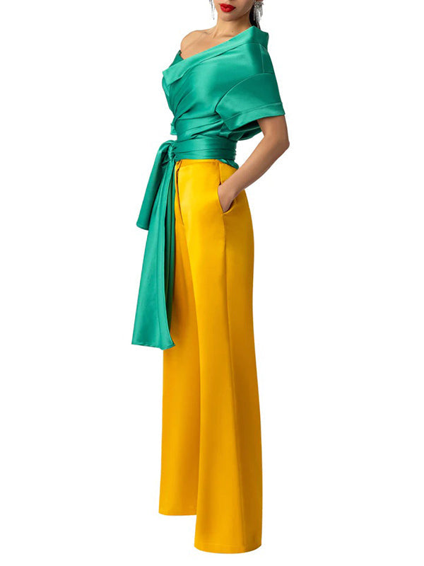 Ribbed Ruffled Solid Color Short Sleeves One-shoulder Blouses&shirts Tops