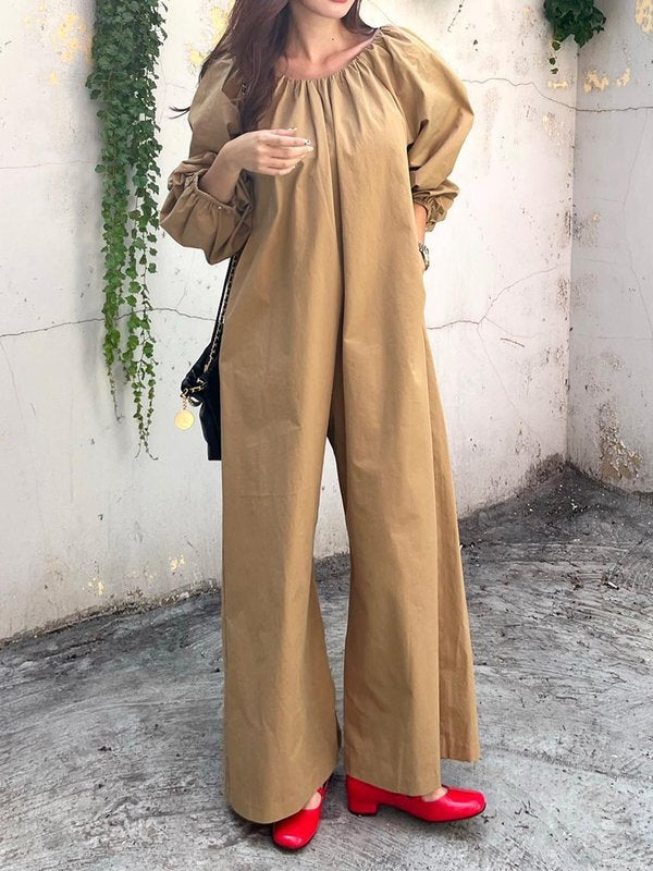 Elasticity Pleated Pockets Solid Color Long Sleeves Loose Round-neck Jumpsuits