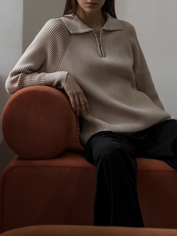Solid Color Zipper Long Sleeves Loose Lapel Sweater Tops Pullovers