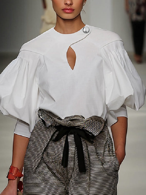 Buttoned Elasticity Hollow Pleated Solid Color Split-Joint Half Sleeves Loose Round-Neck Blouses&Shirts Tops