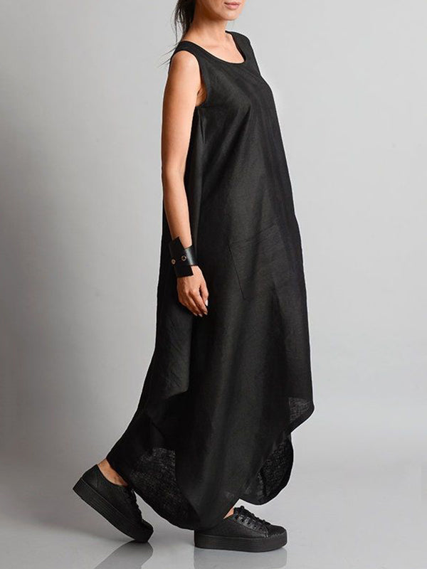 Irregular Clipping Sleeveless Solid Color Round-Neck Maxi Dresses