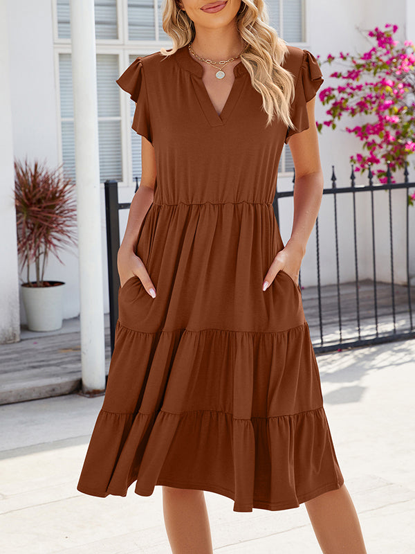 Pleated Pockets Solid Color Split-Joint Loose Ruffle Sleeves V-Neck Midi Dresses