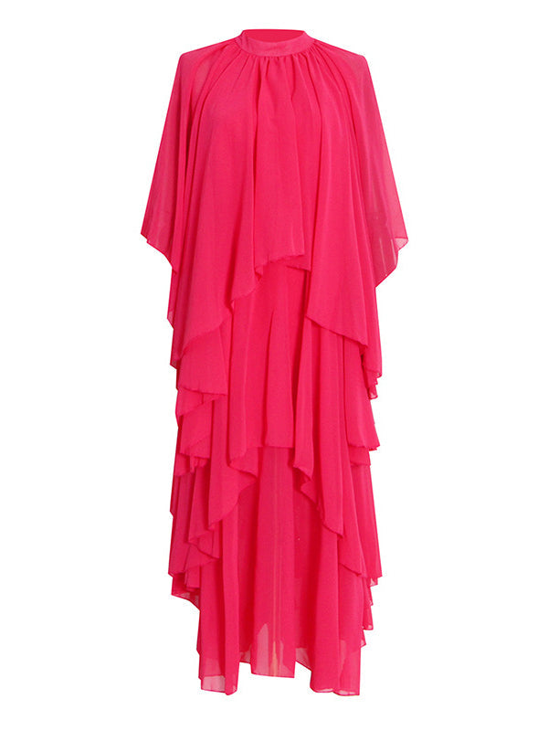 Solid Color Tiered Loose Raglan Sleeve Stand Collar Maxi Dresses
