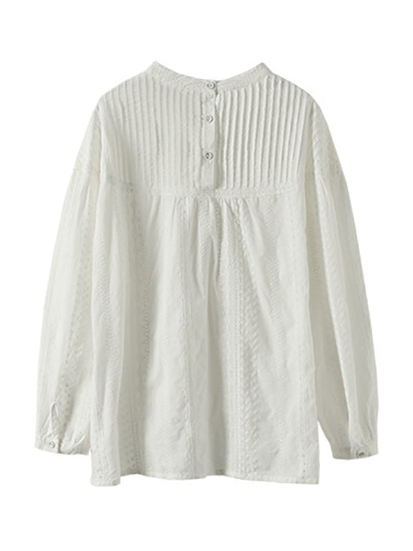 Artistic Retro Loose Solid Color Lace Hollow Long Sleeves T-Shirt Top
