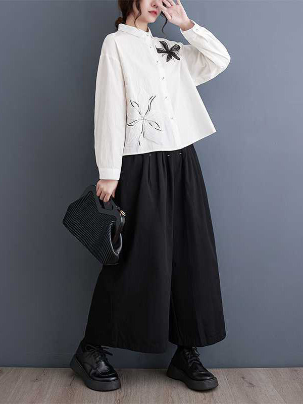 Applique Buttoned Embroidered Long Sleeves Loose Lapel Blouses&Shirts Tops