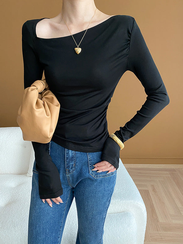 Solid Color Long Sleeves Skinny Asymmetric Collar T-Shirts Tops