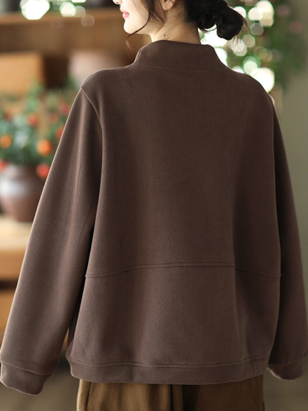 Simple Loose Long Sleeves Velvet Solid Color High-Neck Sweatshirt Tops