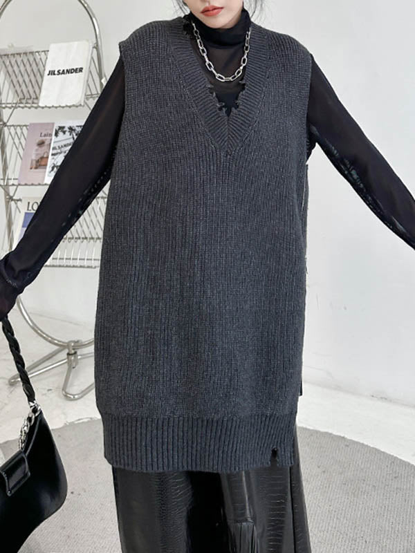 Asymmetric Split-Side Zipper Loose Sleeveless V-Neck Vest Outerwear