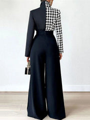 Houndstooth Split-Joint Long Sleeves Loose Lapel Blouses
