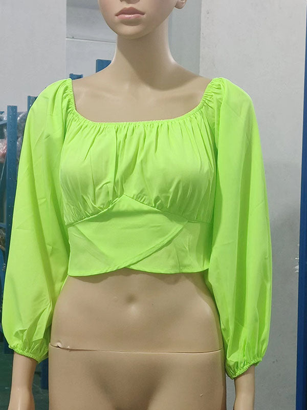 Elasticity Pleated Solid Color Long Sleeves Loose Off-the-shoulder Blouses