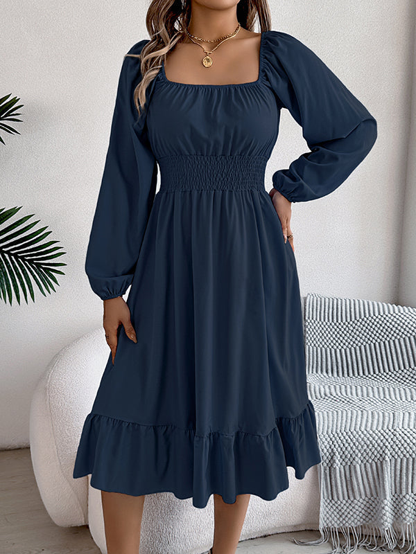 Pleated Ruffled Solid Color A-Line Elasticated Waist Square-Neck Midi Dresses