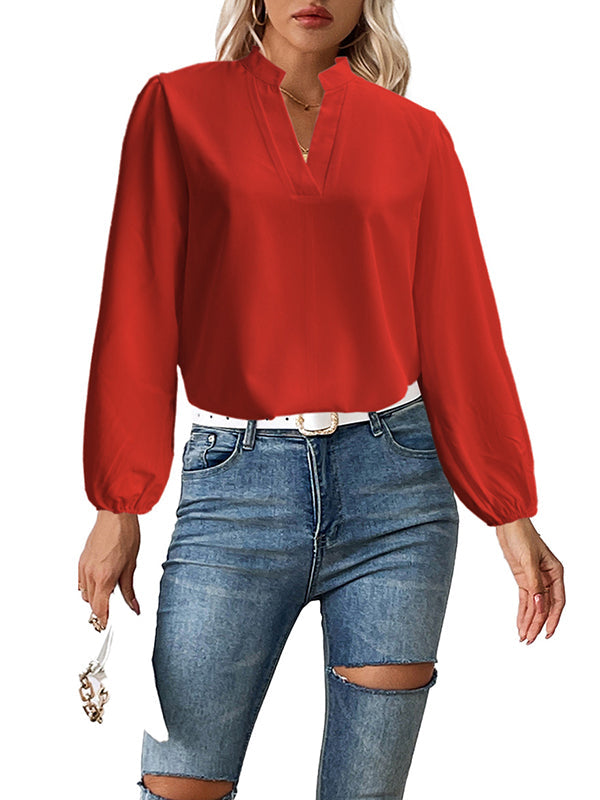 Elasticity Solid Color Long Sleeves Loose Stand Collar Blouses&Shirts Tops