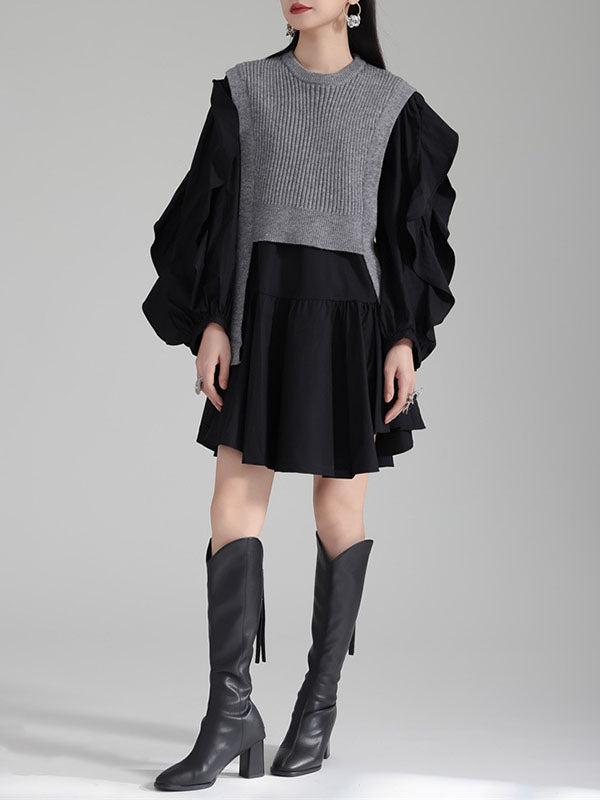 Ruffled Split-Joint Long Sleeves Loose Round-Neck Inner Mini Shirt Dress + Outer Vest Two Pieces Set