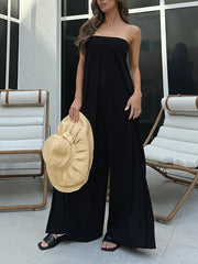 Elasticity Hollow Pleated Solid Color Sleeveless Wide Leg Tube Jumpsuits
