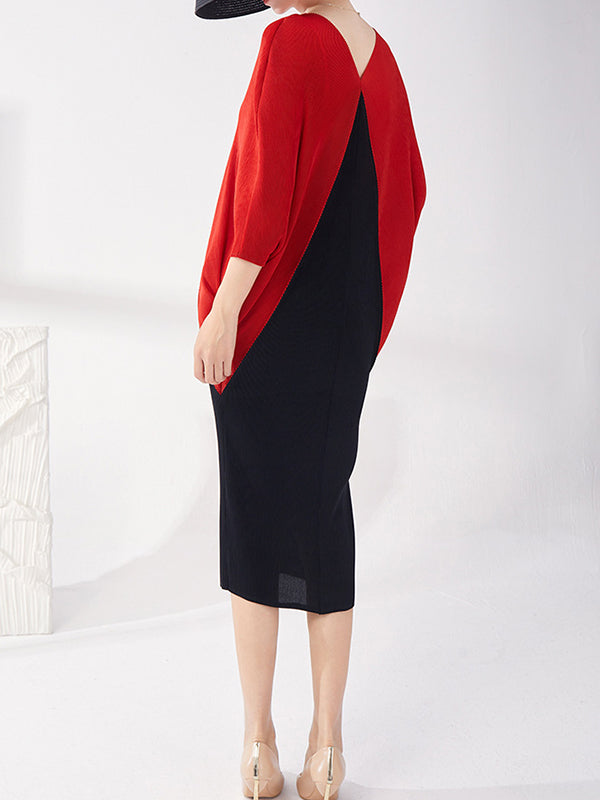 Contrast Color Pleated Batwing Sleeves Loose Round-neck Midi Dresses