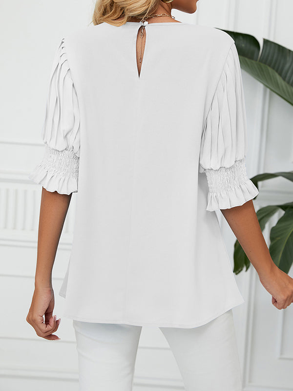 Pleated Solid Color Loose Puff Sleeves Round-Neck T-Shirts Tops