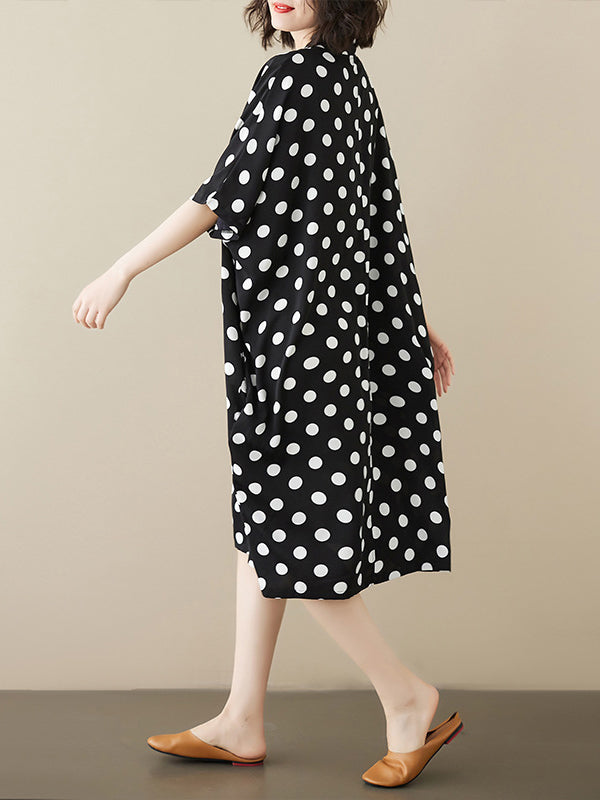 Polka-Dot Loose Short Sleeves V-Neck Midi Dresses