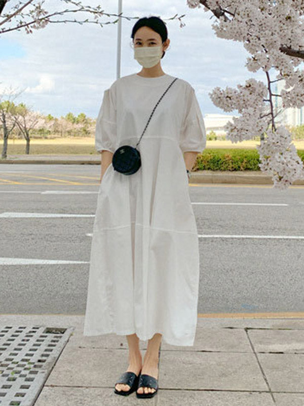 Casual Round-Neck Bishop Sleeve Loose Solid Color Midi Dress
