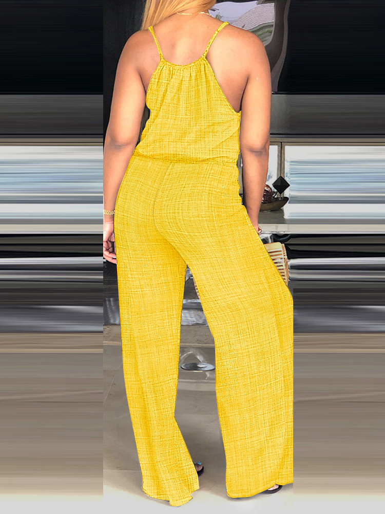 Drawstring Elasticity Solid Color Loose Sleeveless Spaghetti-Neck Jumpsuits