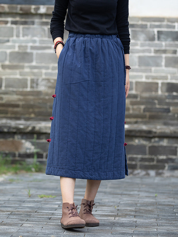 Elasticity Quilted Split-Joint Split-Side Tied Waist Velvet A-Line Skirts Bottoms