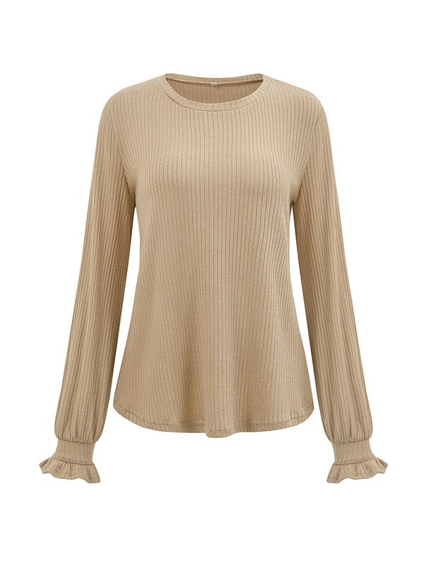 Elasticity Ruffled Solid Color Long Sleeves Loose Round-Neck T-Shirts Tops