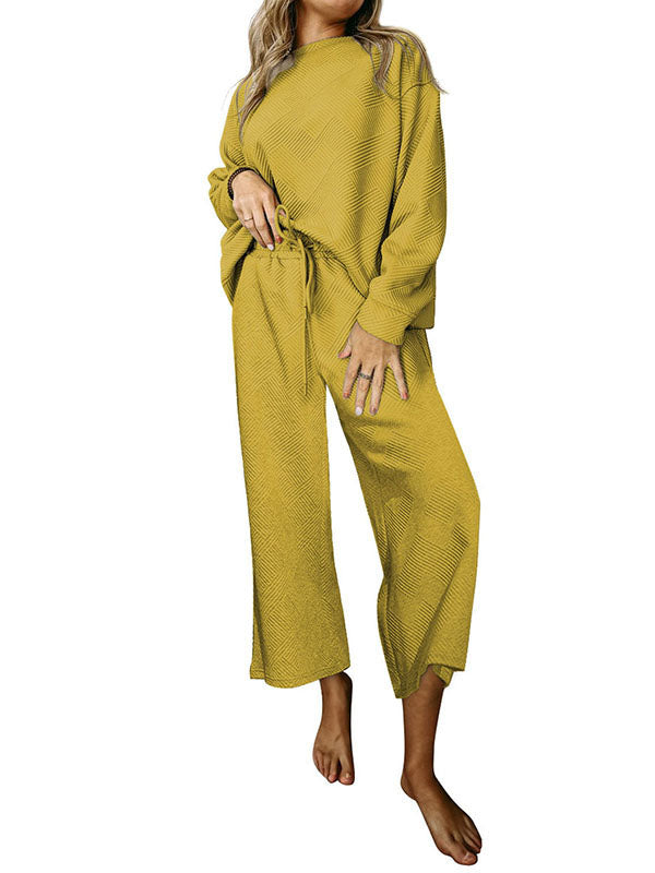 Round-Neck Long Sleeves Loose Solid Color Shirts Top + Drawstring Pants Bottom Two Pieces Set