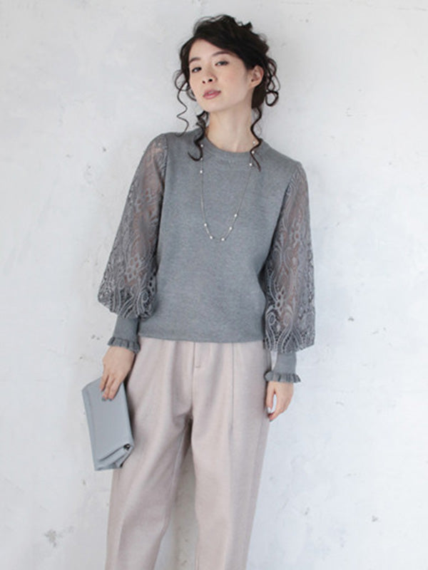 Original Loose Hollow Lace Round-Neck Long Puff Sleeves Sweater Pullovers