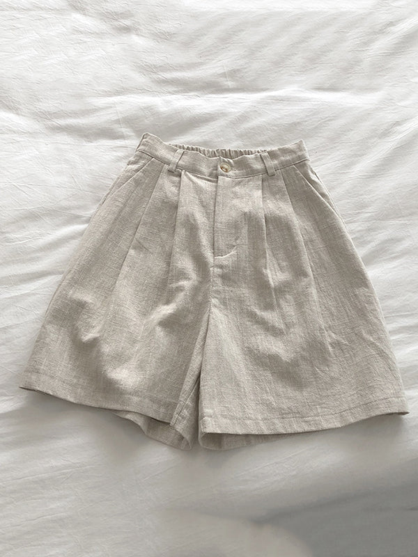 Elasticity Pleated Solid Color Loose Wide Leg Shorts
