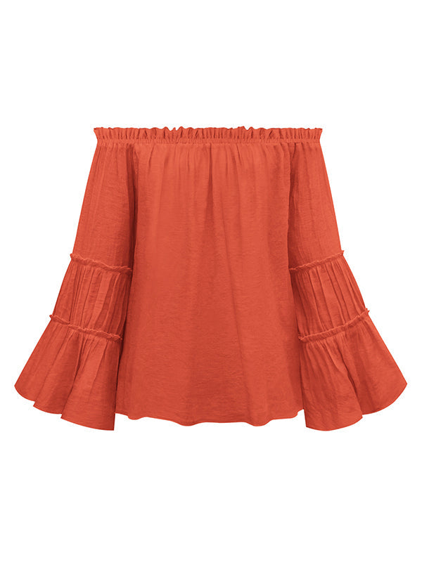 Urban Solid Color Pleated Puff Sleeves Off-The-Shoulder Blouse