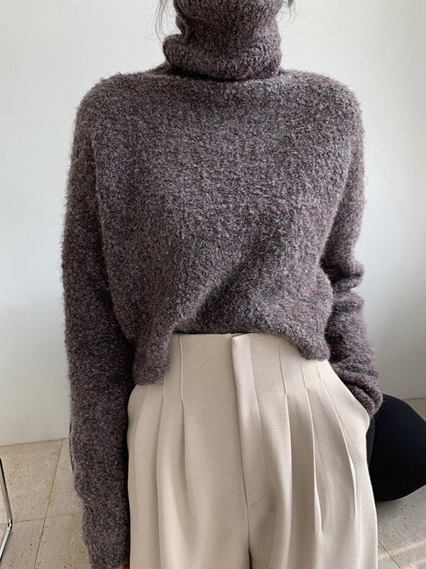 Stylish Solid High-Neck Wool-Blend Sweater