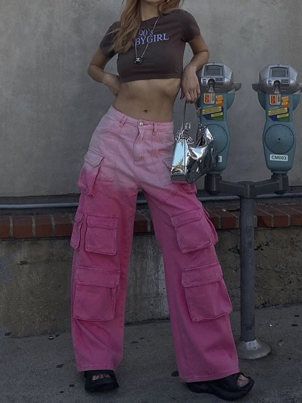 Gradient Pockets Split-Joint High Waisted Loose Jean Pants Bottoms